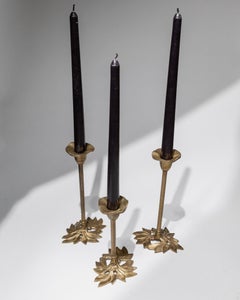 Set of 3 Vintage Massive Brass with Leaf Shape Candle Holders, Italy, 1940s