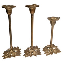Set of 3 Vintage Massive Brass with Leaf Shape Candle Holders, Italy, 1940s