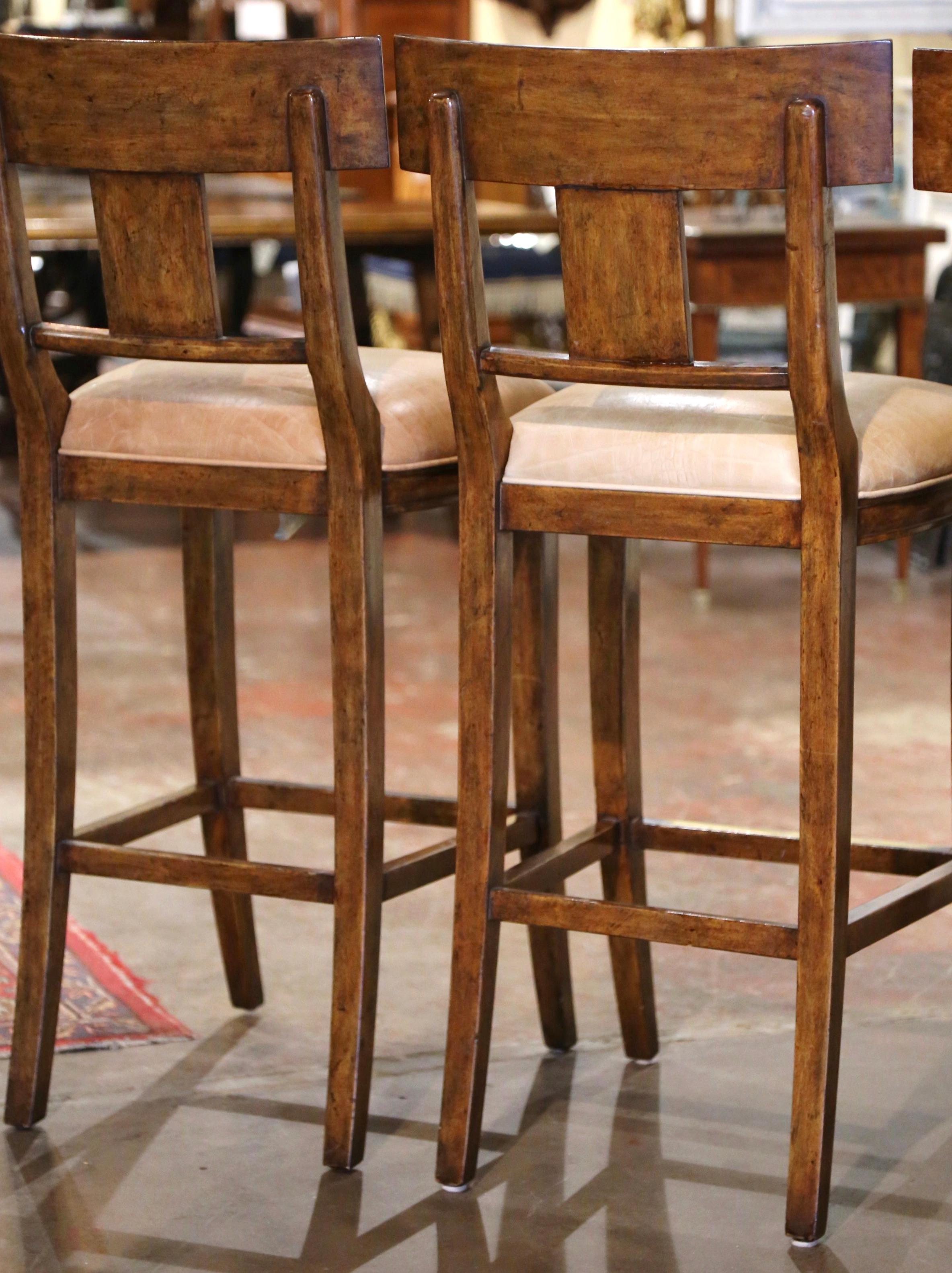 Set of 3 Vintage Michael Taylor Tan Leather Seat Carved Walnut Bar Stools 5