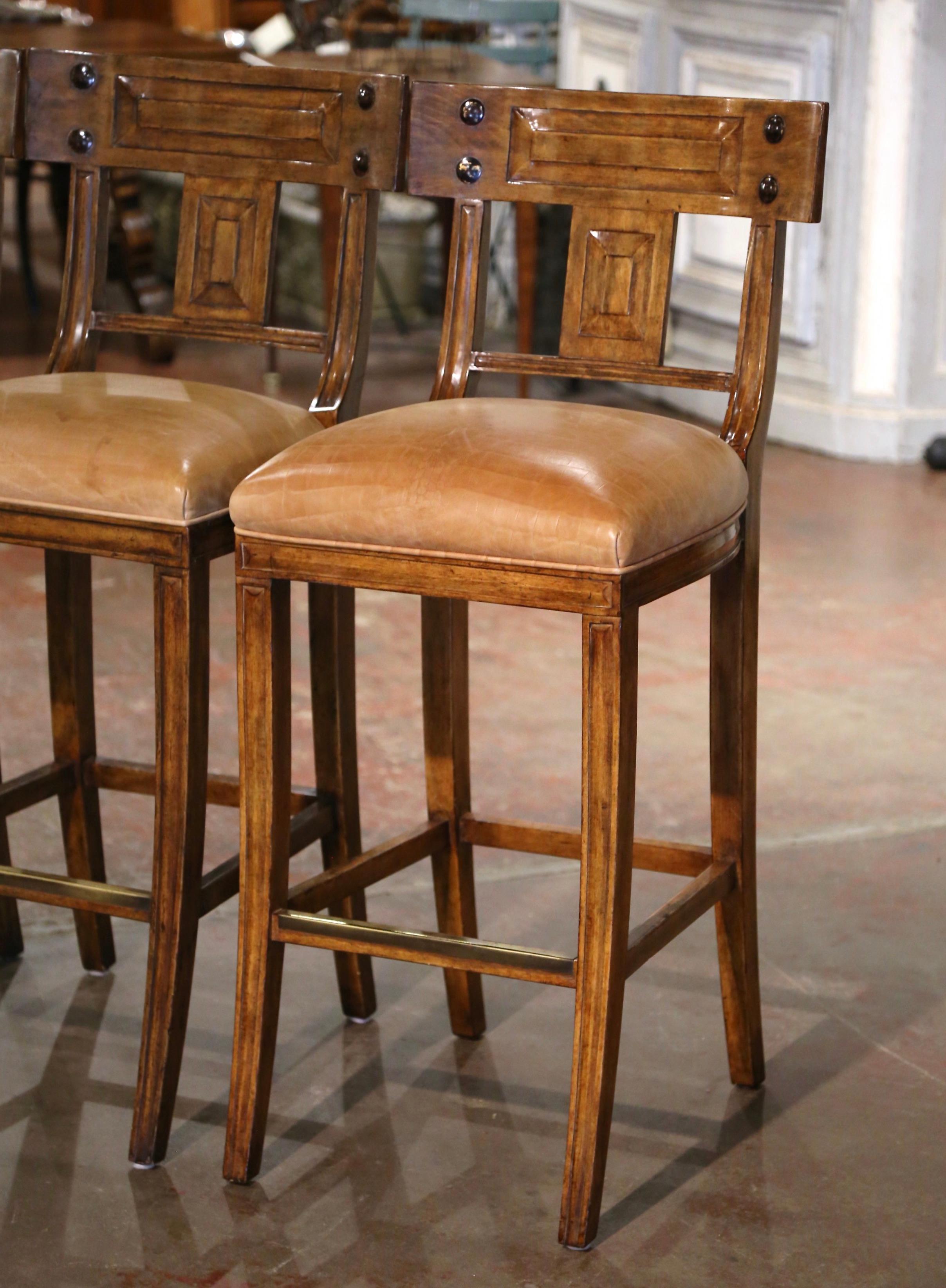 Country Set of 3 Vintage Michael Taylor Tan Leather Seat Carved Walnut Bar Stools