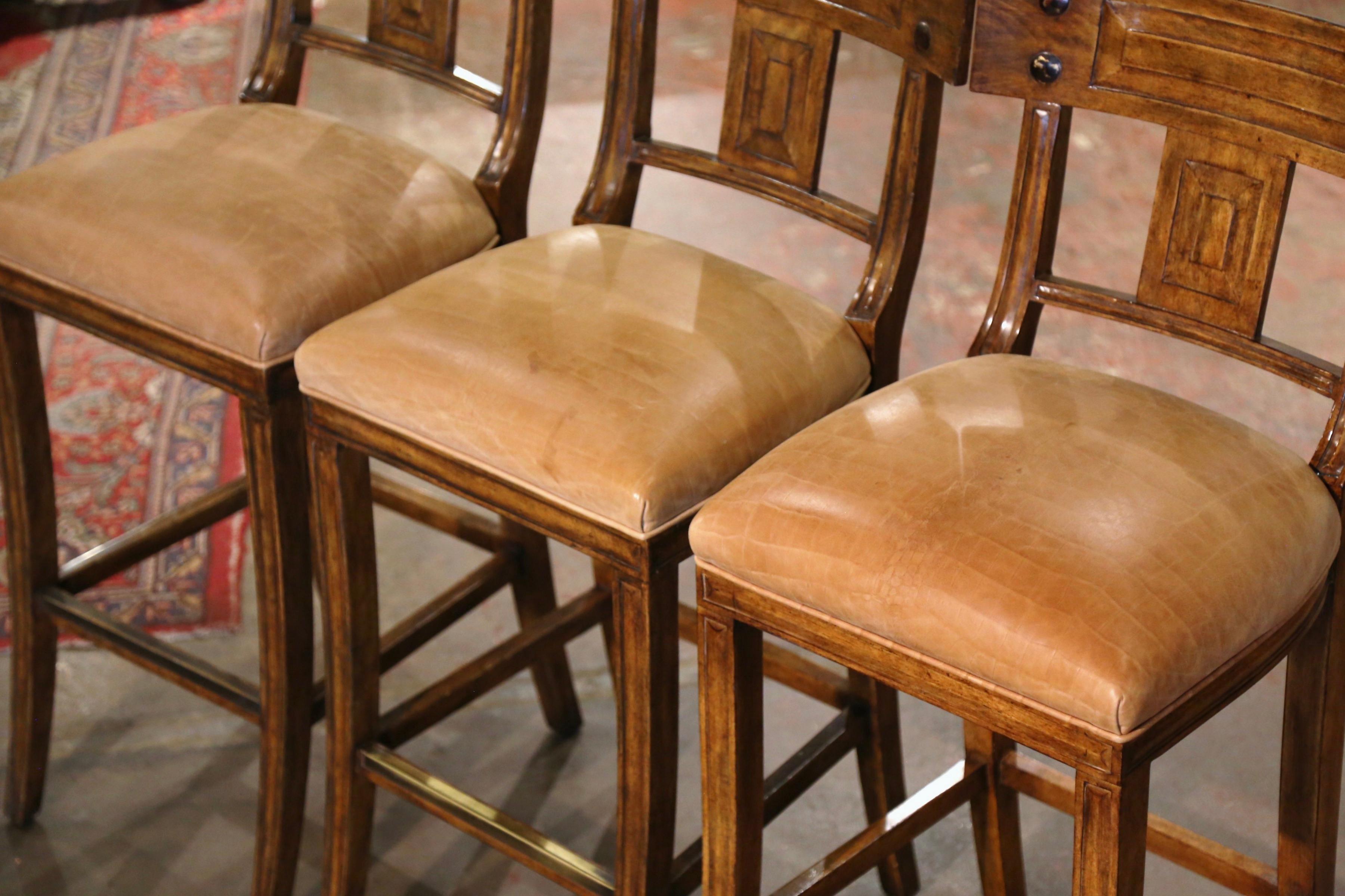 American Set of 3 Vintage Michael Taylor Tan Leather Seat Carved Walnut Bar Stools