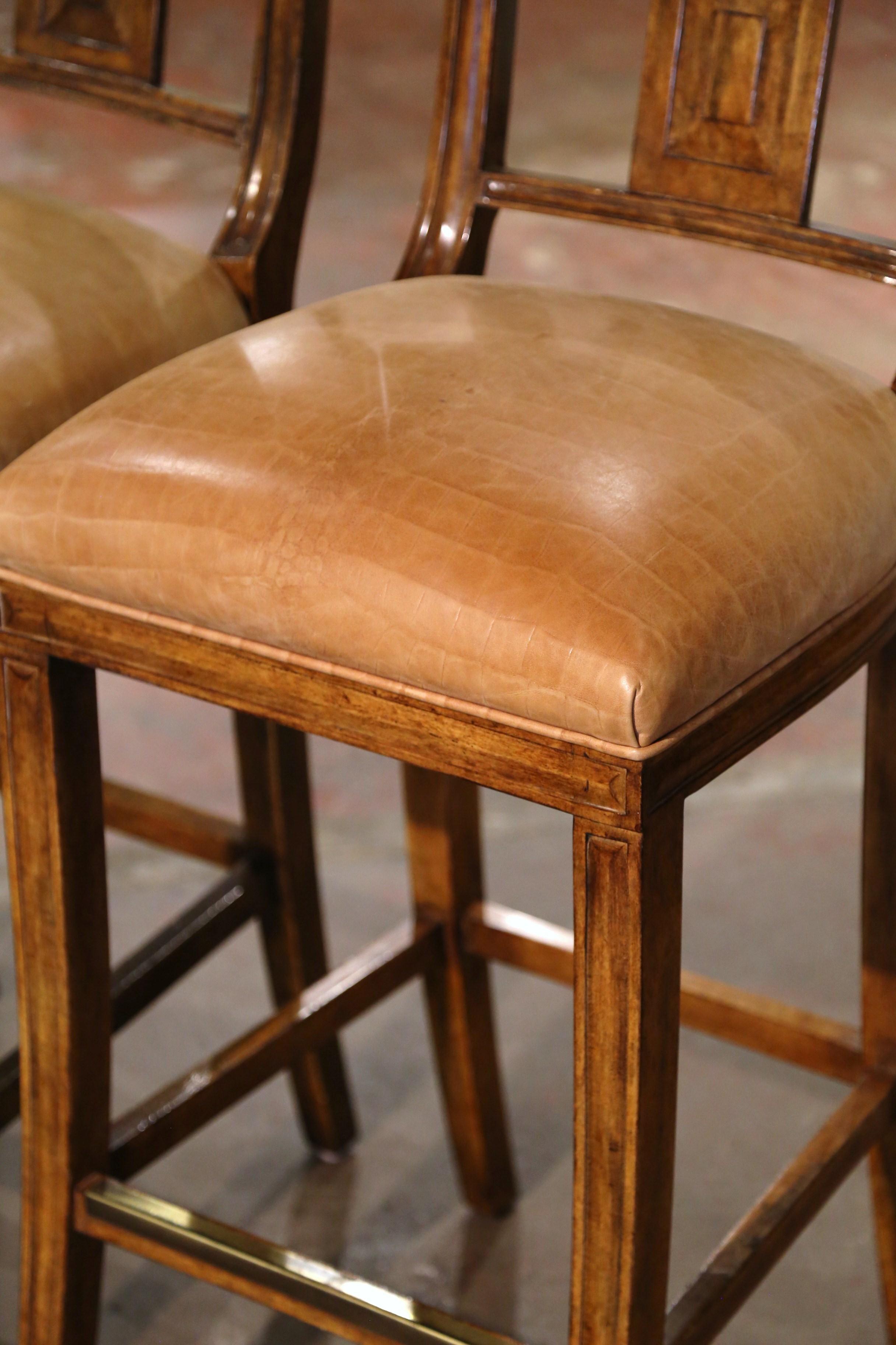 Contemporary Set of 3 Vintage Michael Taylor Tan Leather Seat Carved Walnut Bar Stools