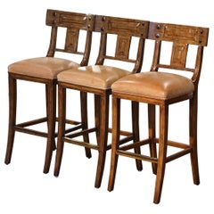 Set of 3 Vintage Michael Taylor Tan Leather Seat Carved Walnut Bar Stools