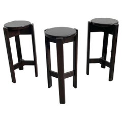 Set of 3 Vintage Mid Century Black Painted Wooden Bar Stool, 1960's 1970's