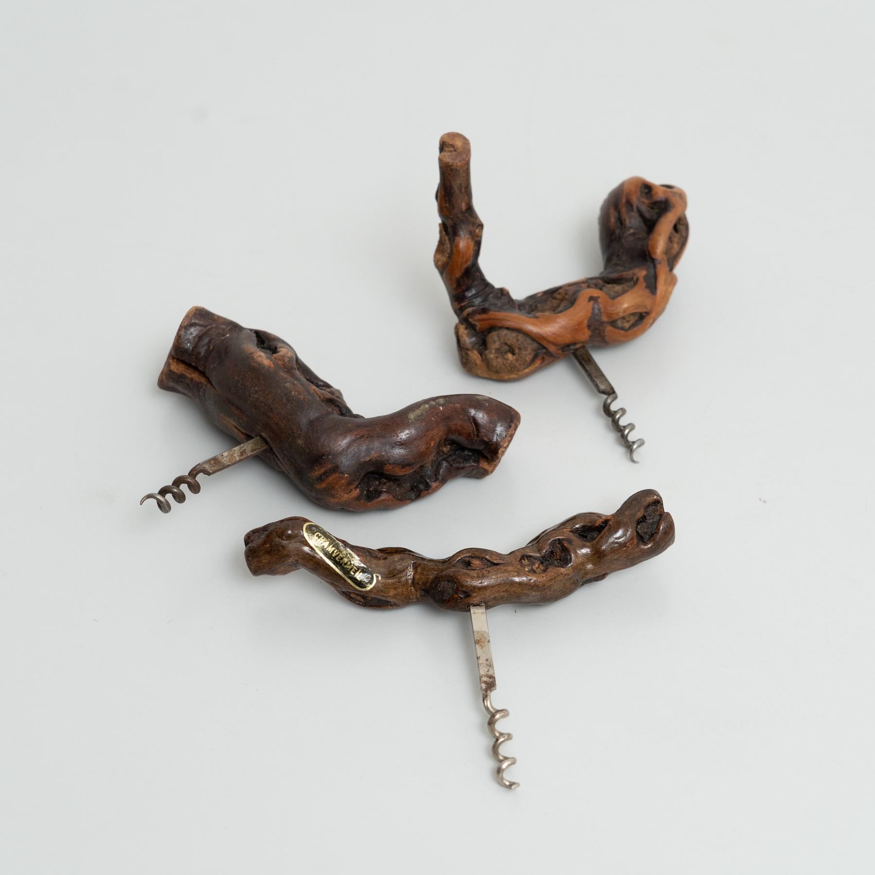 Brutalist Set of 3 Handcrafted 1930s French Vine Wood Corkscrews by Laurent Siret For Sale