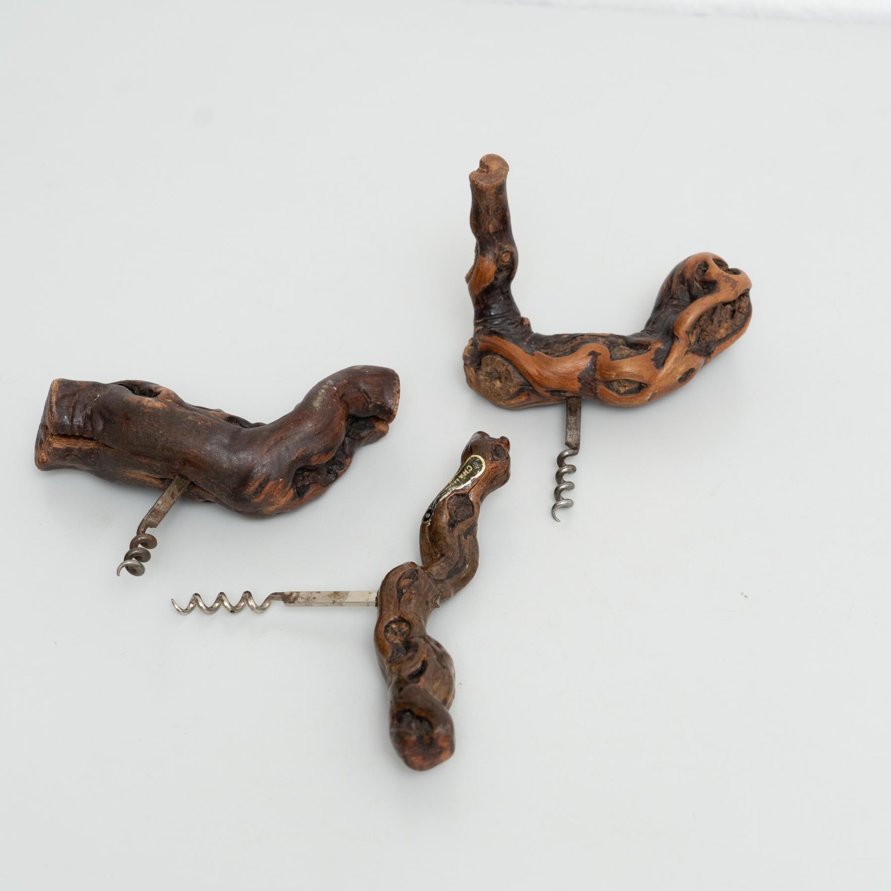 20th Century Set of 3 Handcrafted 1930s French Vine Wood Corkscrews by Laurent Siret For Sale