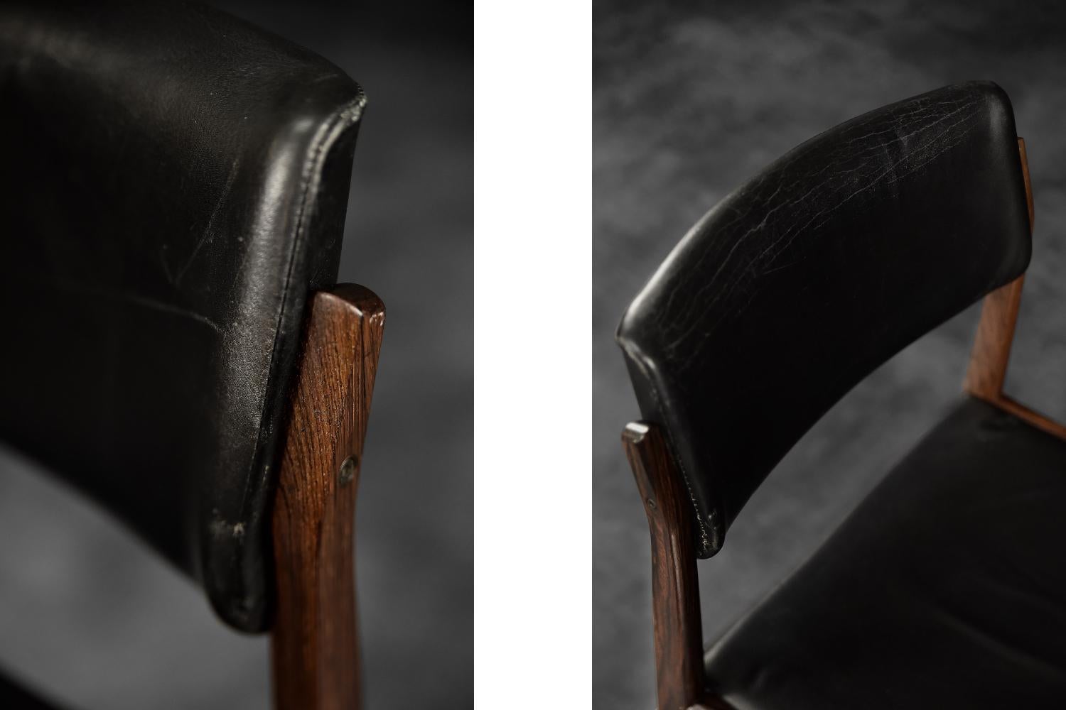 Set of 3 Vintage Mid-Century Scandinavian Modern Rosewood & Black Leather Chairs For Sale 5