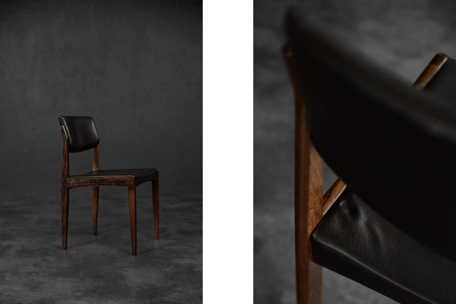 Scandinave moderne Ensemble de 3 chaises Vintage Mid-Century Scandinavian Modern en bois de rose et cuir noir en vente