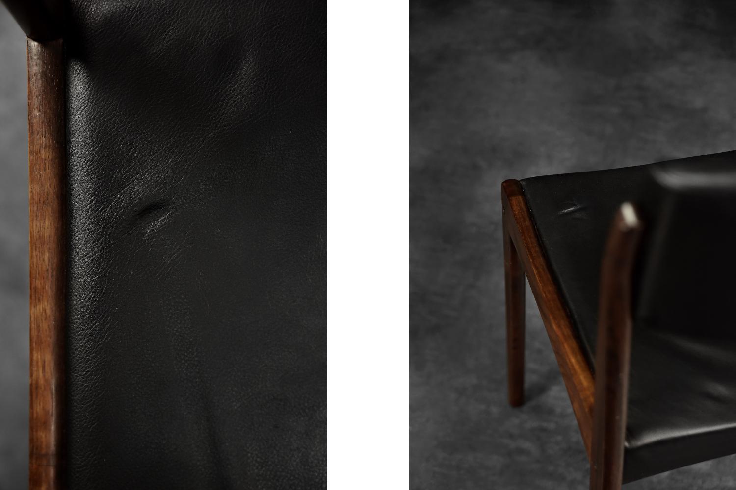 Satz von 3 skandinavischen modernen Vintage-Stühlen aus Rosenholz und schwarzem Leder aus der Mitte des Jahrhunderts im Zustand „Gut“ im Angebot in Warszawa, Mazowieckie