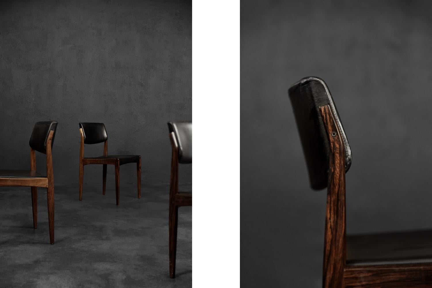 Satz von 3 skandinavischen modernen Vintage-Stühlen aus Rosenholz und schwarzem Leder aus der Mitte des Jahrhunderts (Mitte des 20. Jahrhunderts) im Angebot