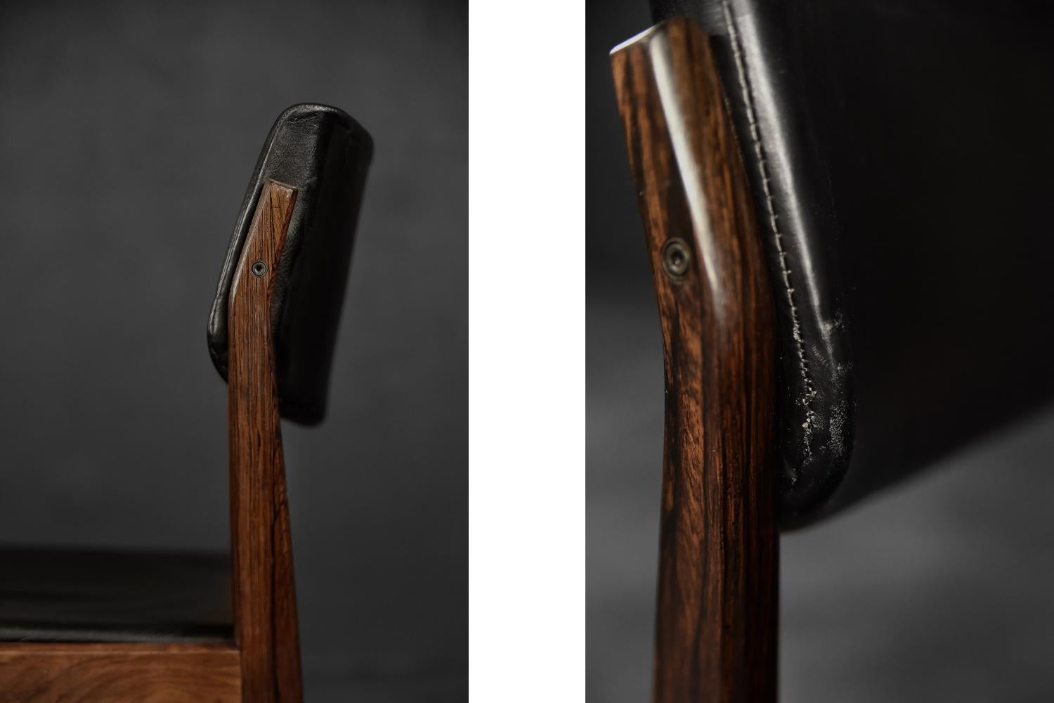 Satz von 3 skandinavischen modernen Vintage-Stühlen aus Rosenholz und schwarzem Leder aus der Mitte des Jahrhunderts im Angebot 2