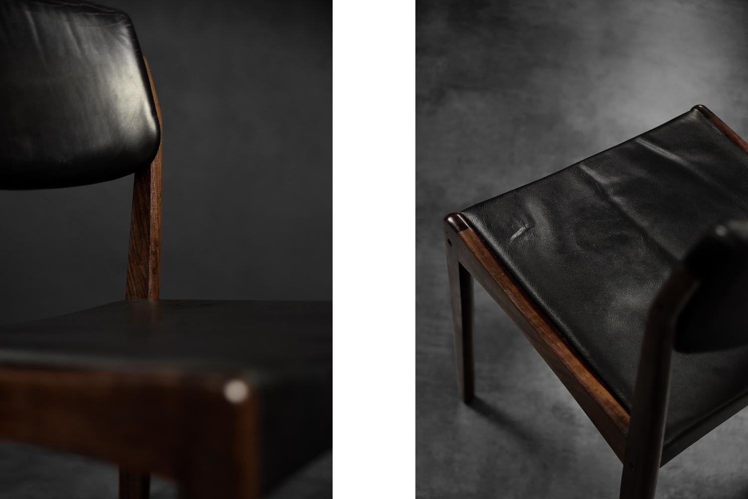 Satz von 3 skandinavischen modernen Vintage-Stühlen aus Rosenholz und schwarzem Leder aus der Mitte des Jahrhunderts im Angebot 3