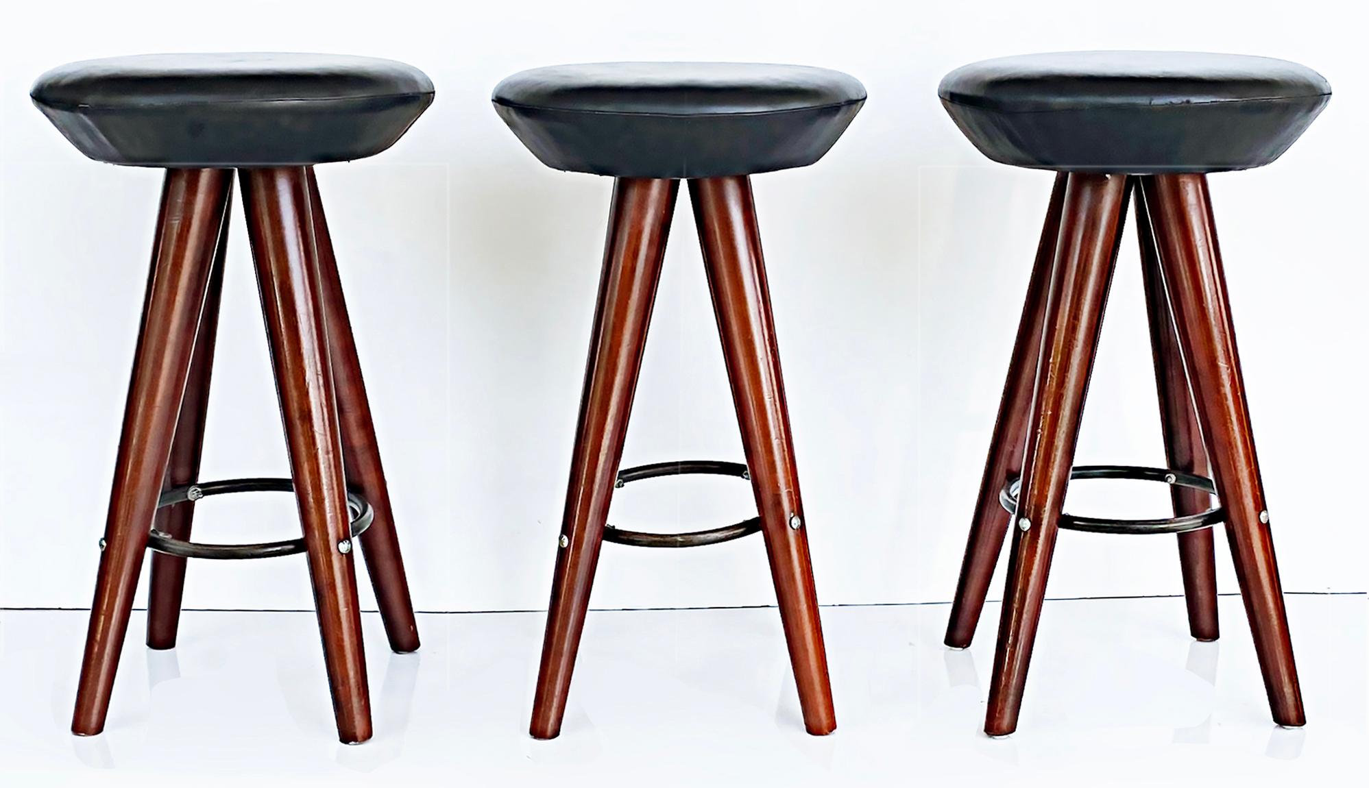 Metal Set of 3 Vintage Modern Wood Bar Stools with Upholstered Seats For Sale