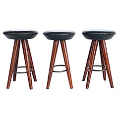 Set of 3 Retro Modern Wood Bar Stools with Upholstered Seats