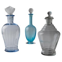 Set of 3 Vintage Murano Glass Decanter Blue and Clear Art with Stoppers, 1950s