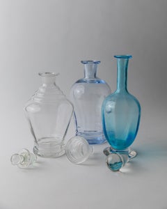 Set of 3 Vintage Murano Glass Decanter Blue and Clear Art with Stoppers, 1950s