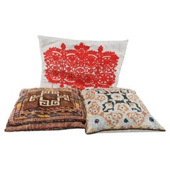 Set of 3 Antique Oriental Embroidered Cushions with Horsehair Filling, 1G86