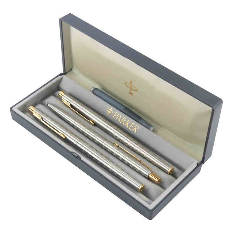 Vintage Parker Pen Set of 3, Metal, Original Box, Italy, 1990s For 