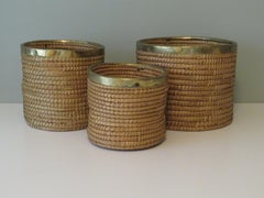Set of 3 Vintage Planters in Reed and Brass, Italy, 1970s