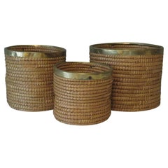 Set of 3 Vintage Planters in Reed and Brass, Italy, 1970s