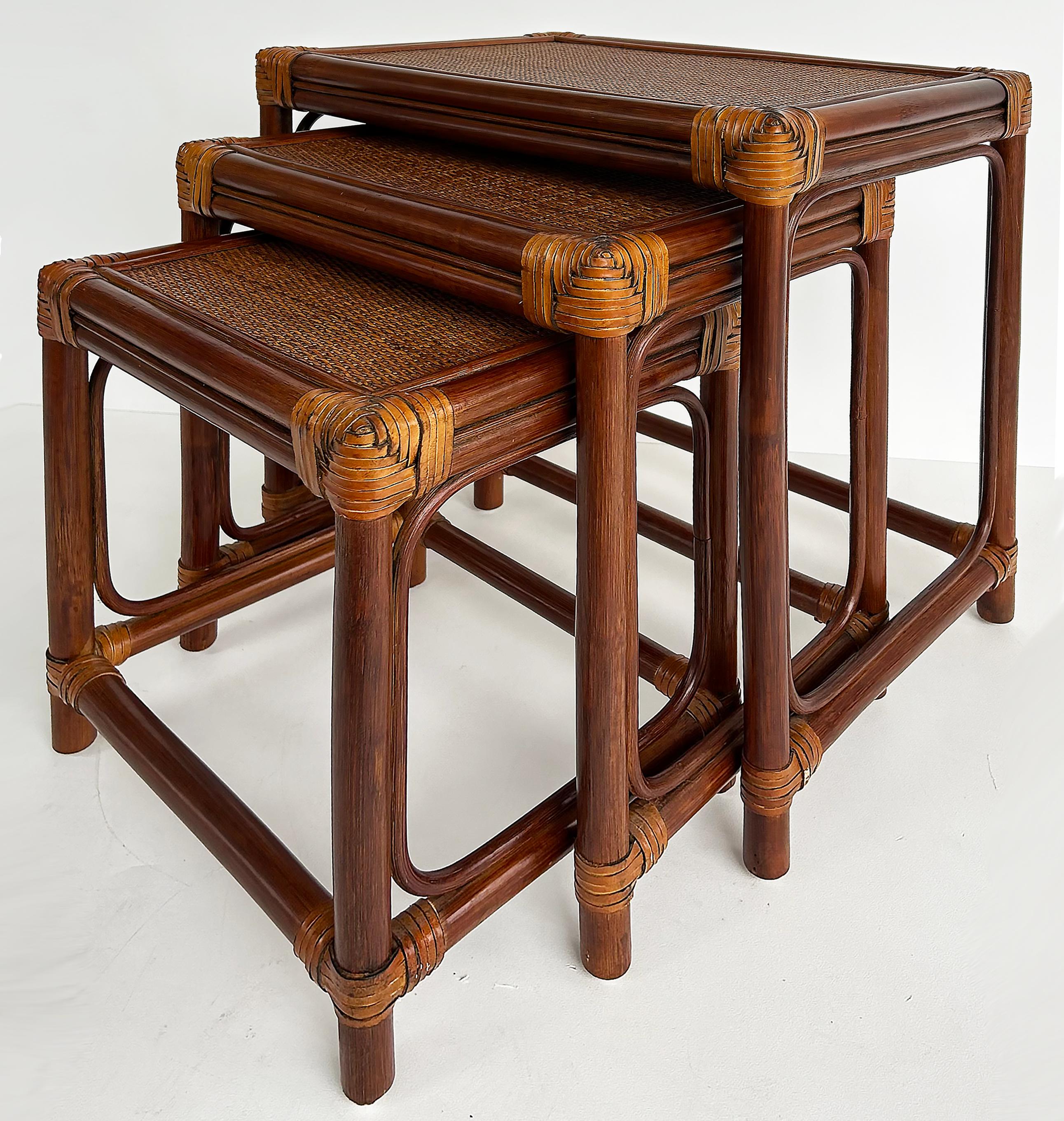 Set of 3 Vintage Rattan, Grass Cloth Nesting Tables, McGuire Manner For Sale 6
