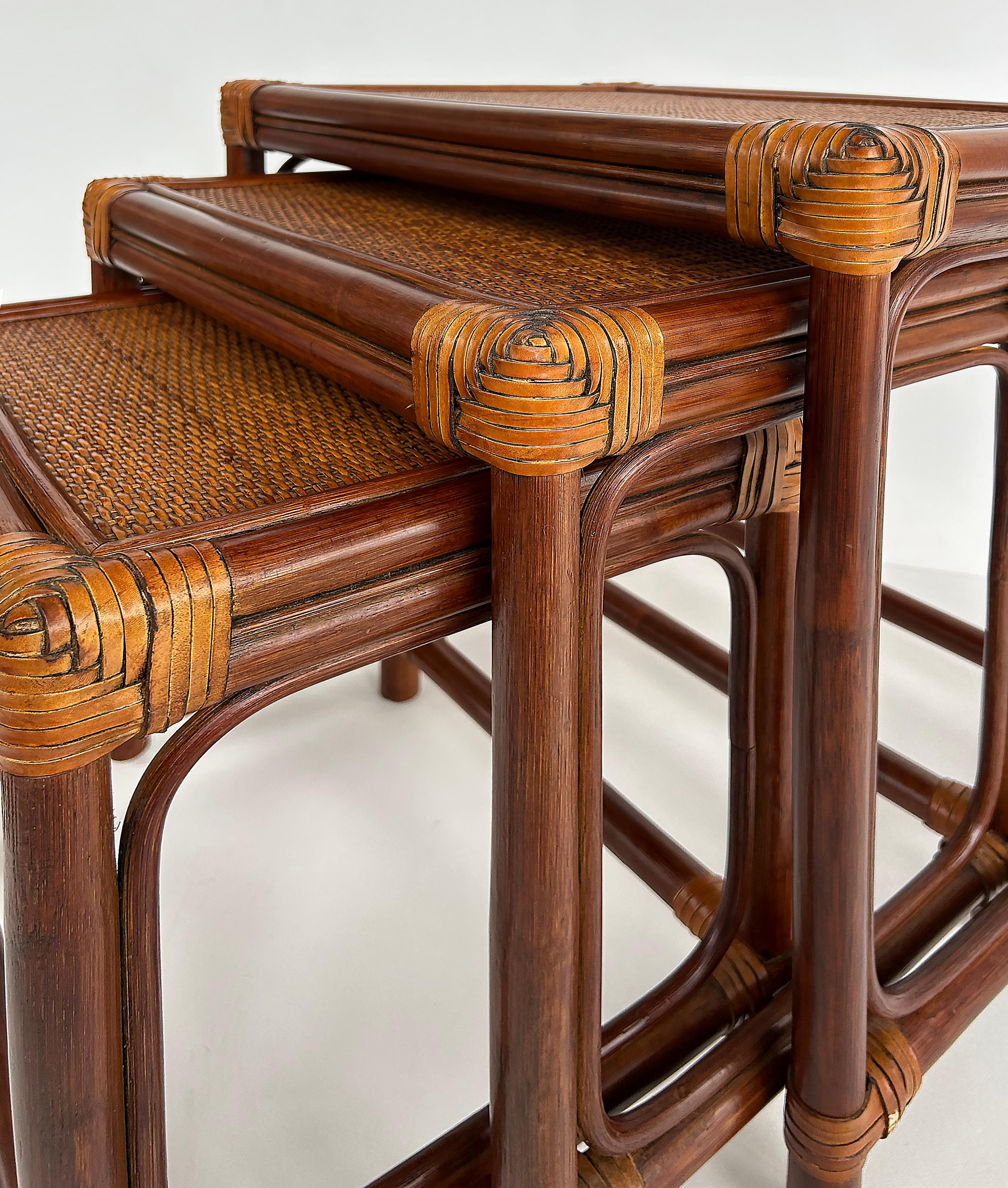 Set of 3 Vintage Rattan, Grass Cloth Nesting Tables, McGuire Manner For Sale 7