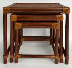 Set of 3 Vintage Rattan, Grass Cloth Nesting Tables, McGuire Manner