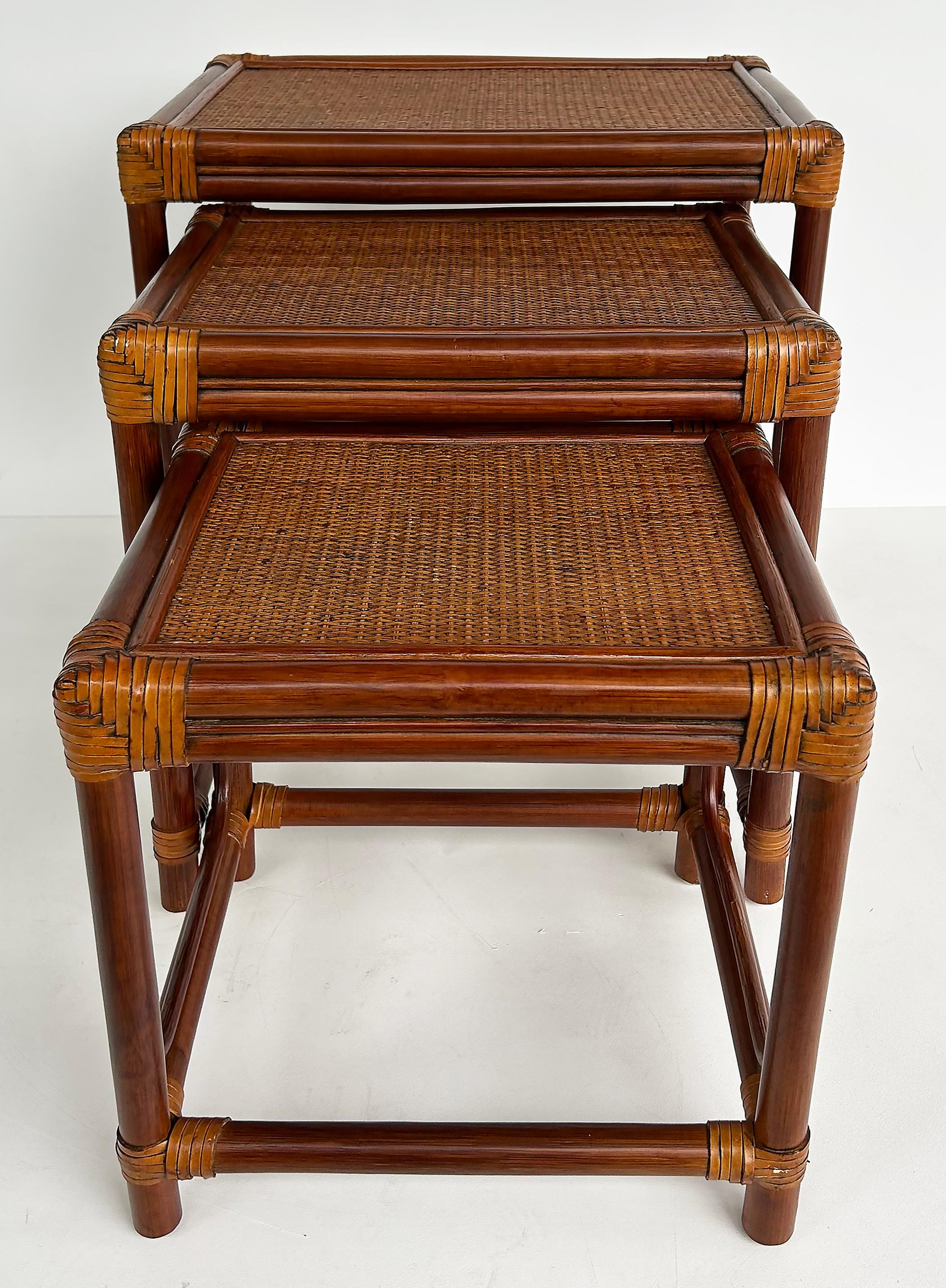 Woven Set of 3 Vintage Rattan, Grass Cloth Nesting Tables, McGuire Manner For Sale