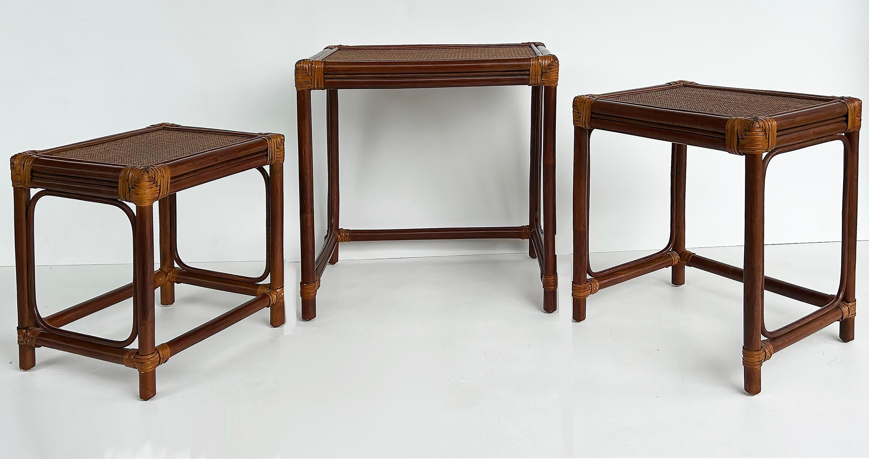 20th Century Set of 3 Vintage Rattan, Grass Cloth Nesting Tables, McGuire Manner For Sale