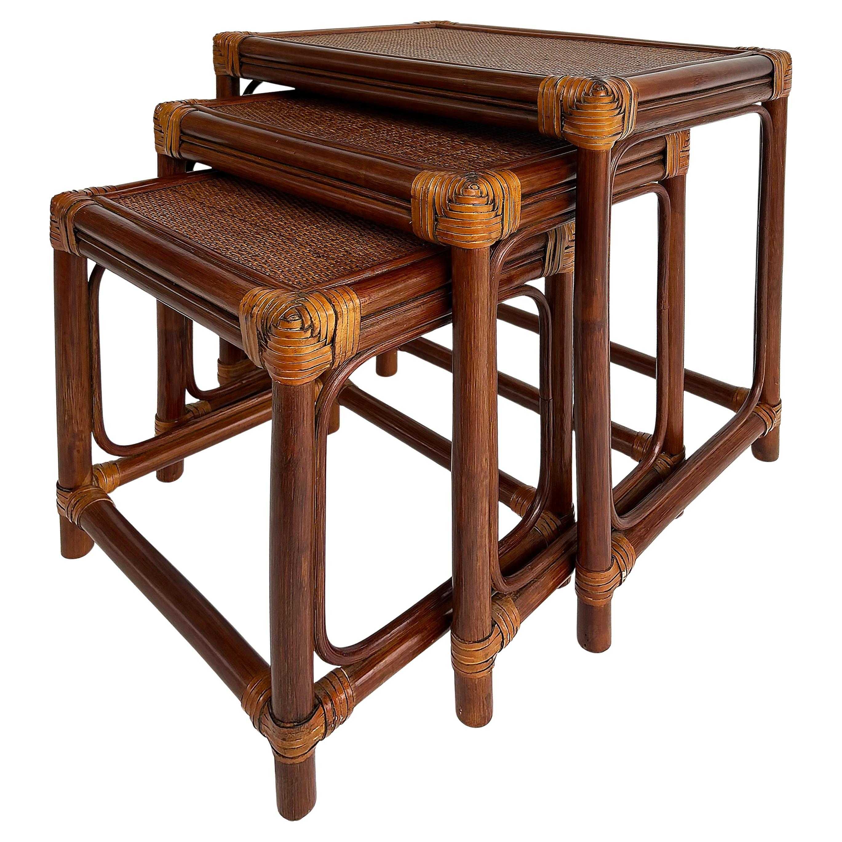 Set of 3 Vintage Rattan, Grass Cloth Nesting Tables, McGuire Manner For Sale