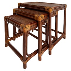 Set of 3 Vintage Rattan, Grass Cloth Nesting Tables, McGuire Manner
