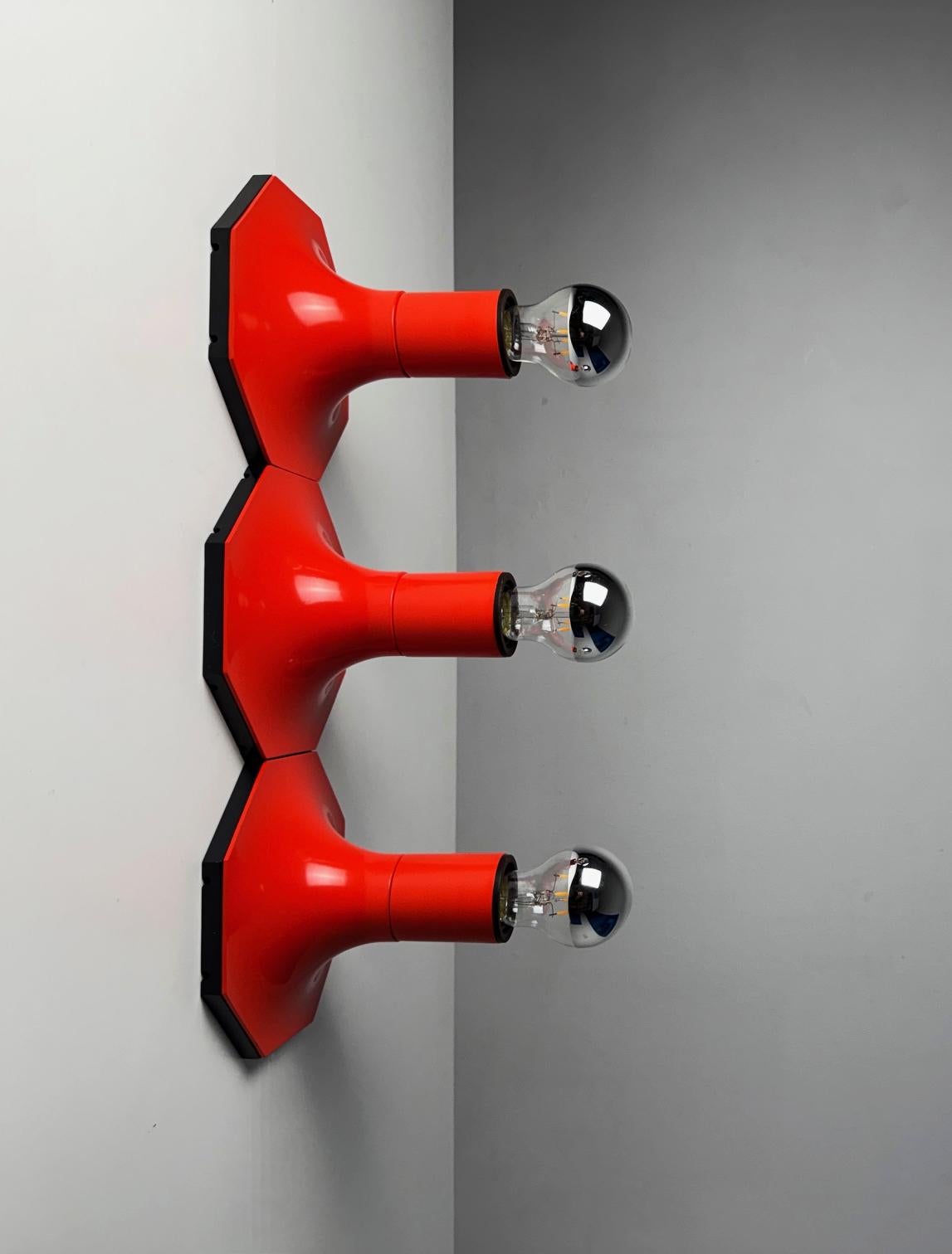Metal Set of 3 Vintage Red Staff Leuchten Wall or Ceiling Lamps – 1970s German Design