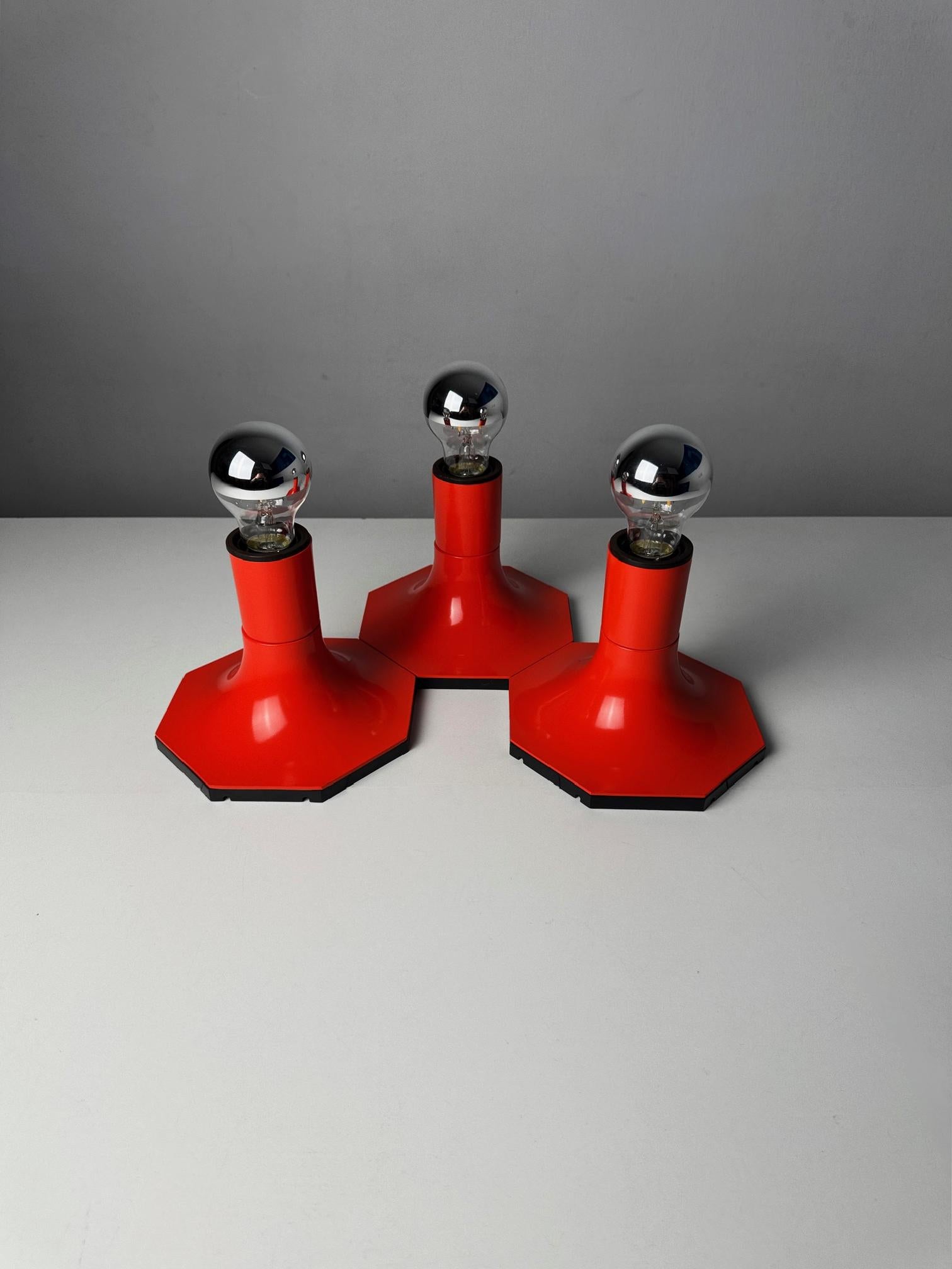Set of 3 Vintage Red Staff Leuchten Wall or Ceiling Lamps – 1970s German Design 2