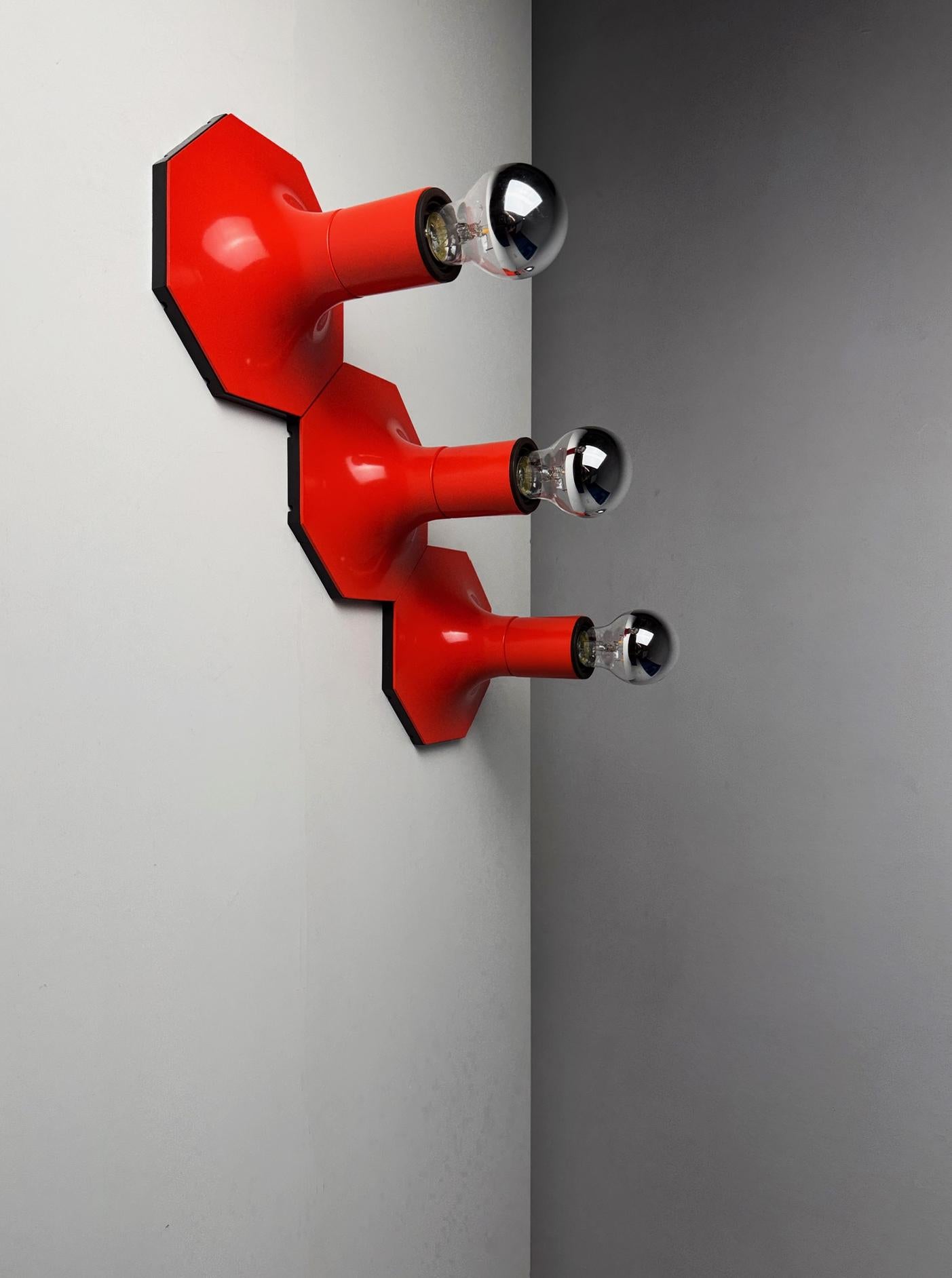 Set of 3 Vintage Red Staff Leuchten Wall or Ceiling Lamps – 1970s German Design 3