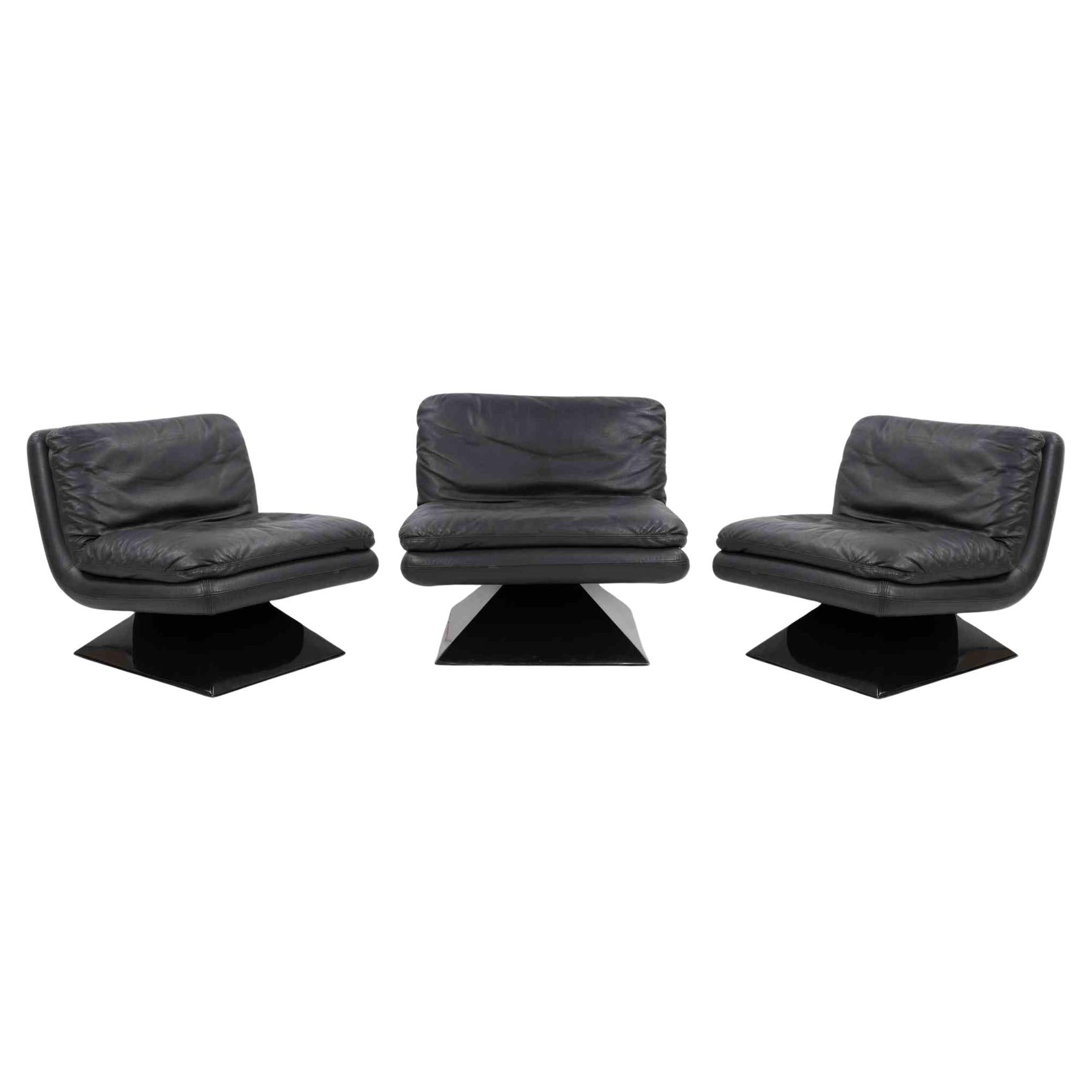 Ensemble de 3 chaises longues en cuir de l'époque A Space, 1970
