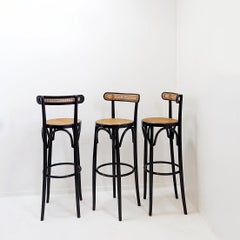 Set of 3 Vintage Thonet-style bentwood and cane bar stools