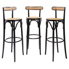 Set of 3 Vintage Thonet-style bentwood and cane bar stools