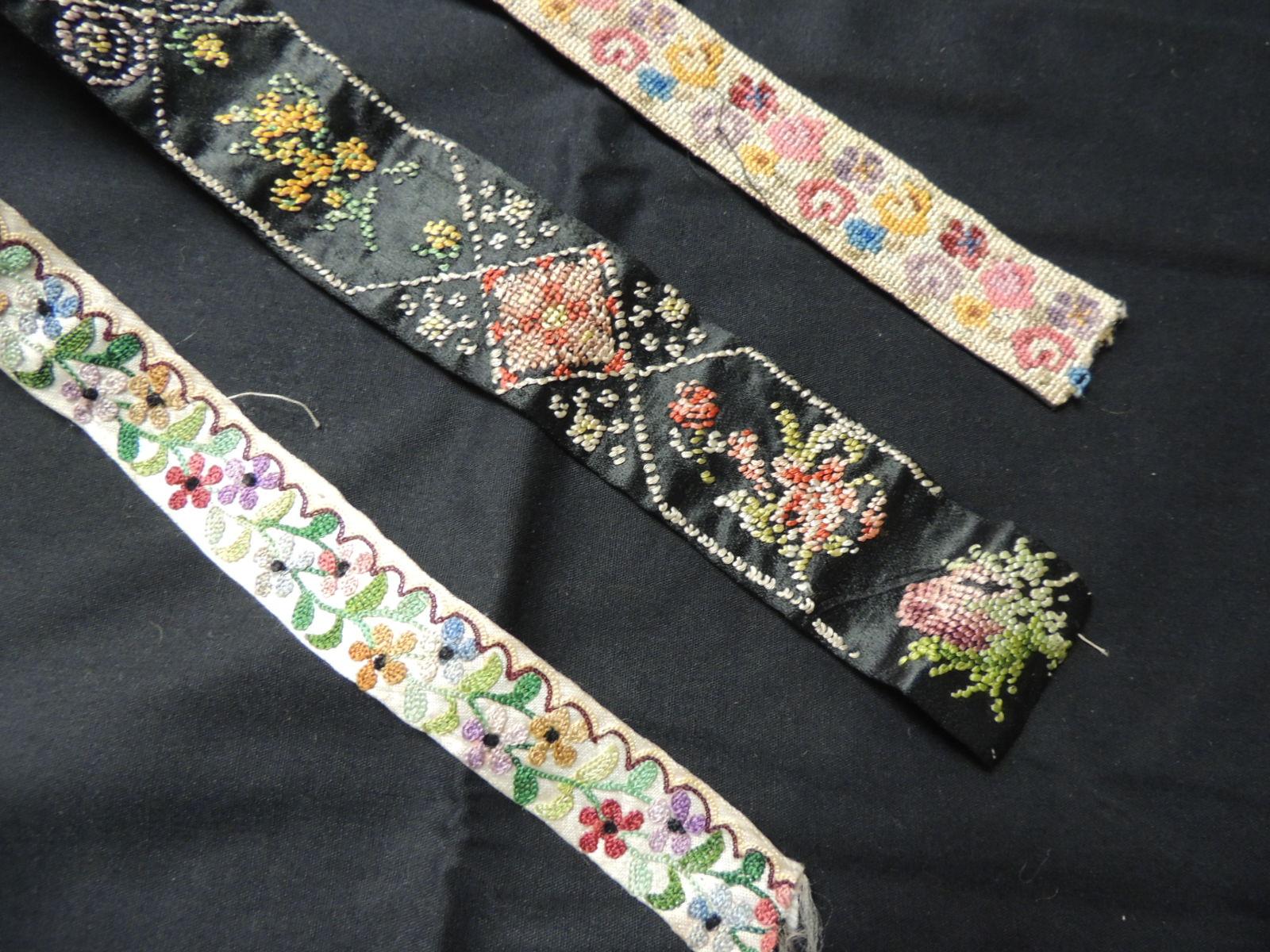 French Set of 3 Vintage Victorian Silk Embroidered and Woven Floral Decorative Trims