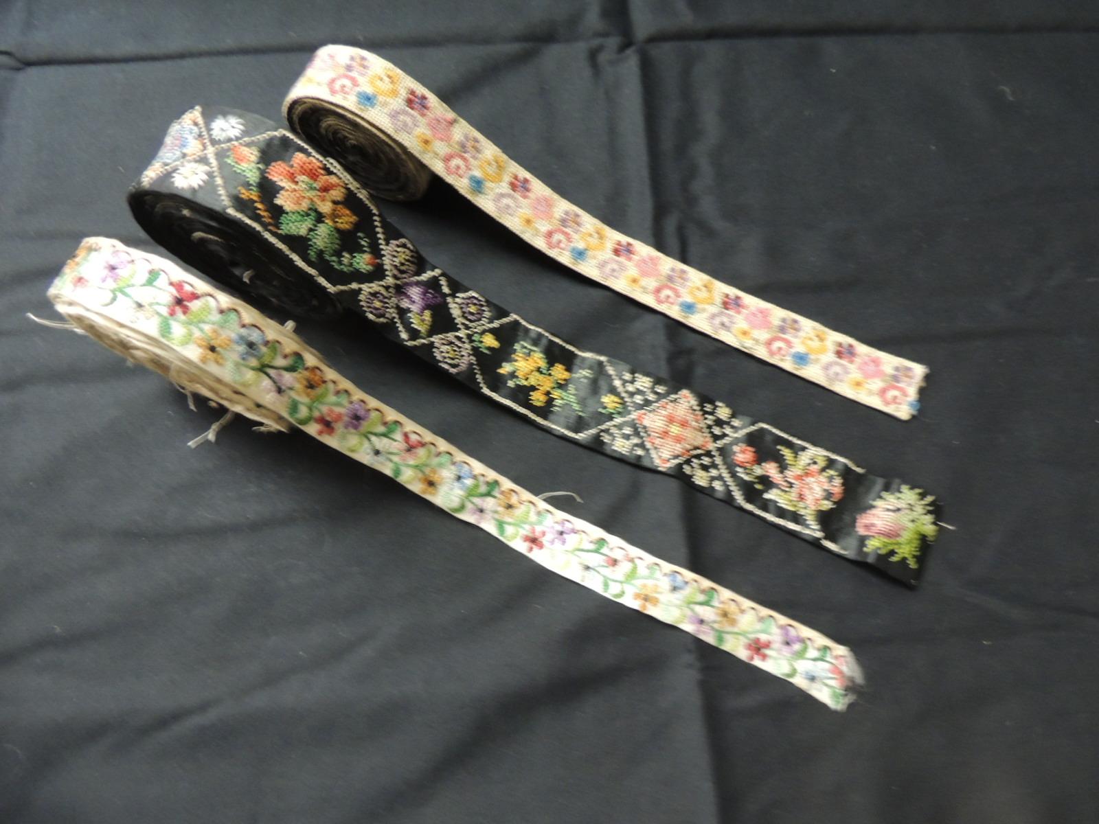 Hand-Crafted Set of 3 Vintage Victorian Silk Embroidered and Woven Floral Decorative Trims