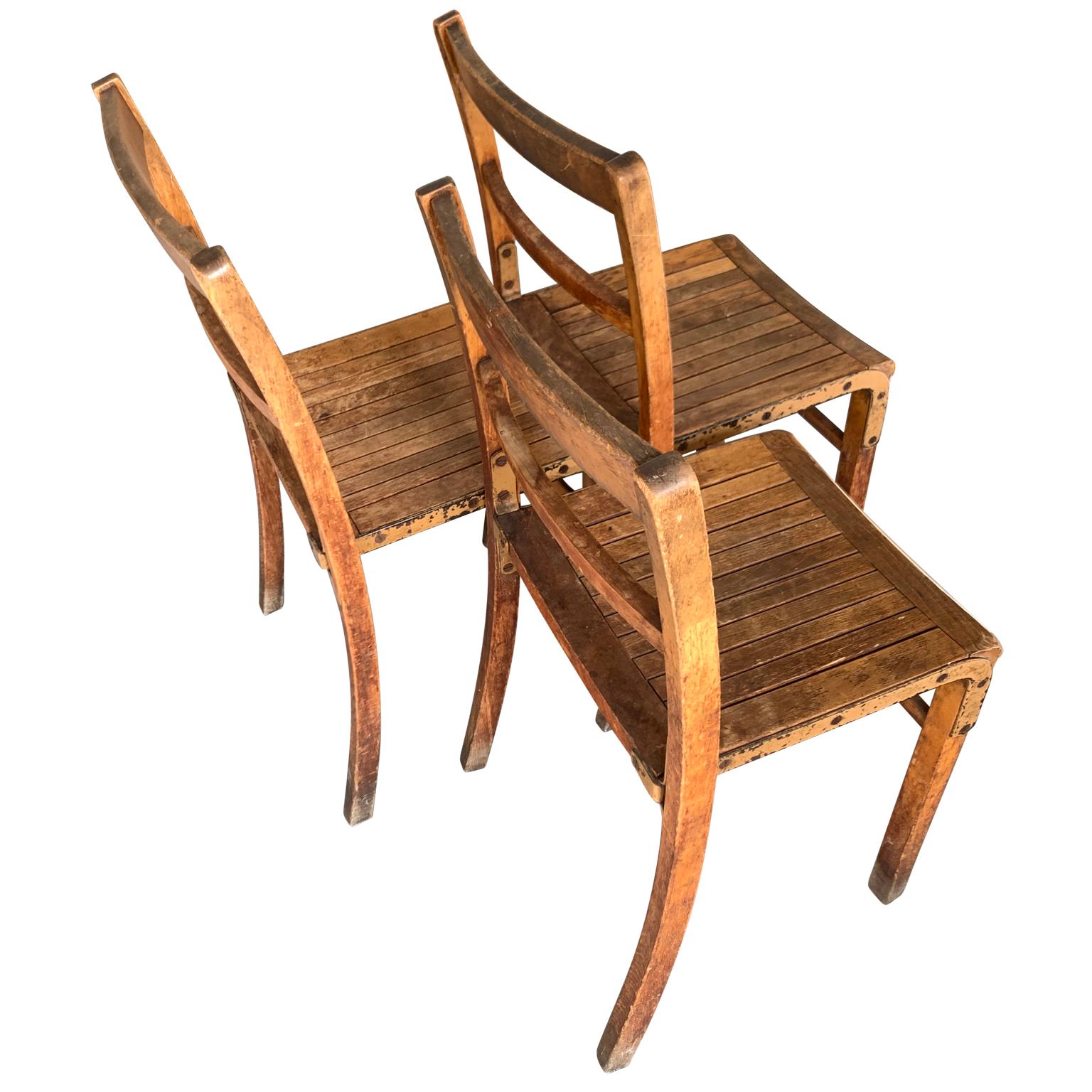 Set of 3 Vintage Wooden Stacking Chairs In Good Condition In Haddonfield, NJ