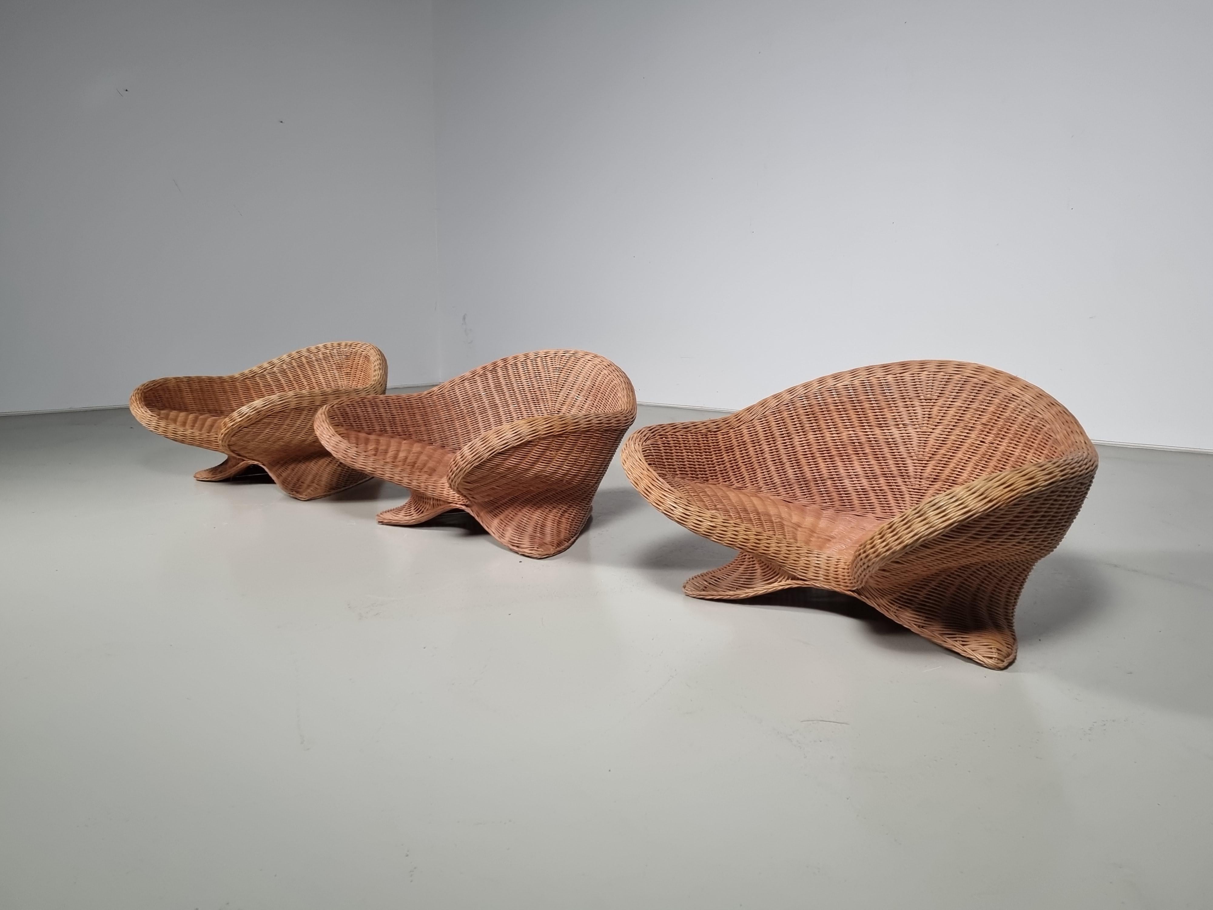 Set of 3 beautifully made organic-shaped super low lounge chairs by Vivai Del Sud, Italy, 1970s.

The 