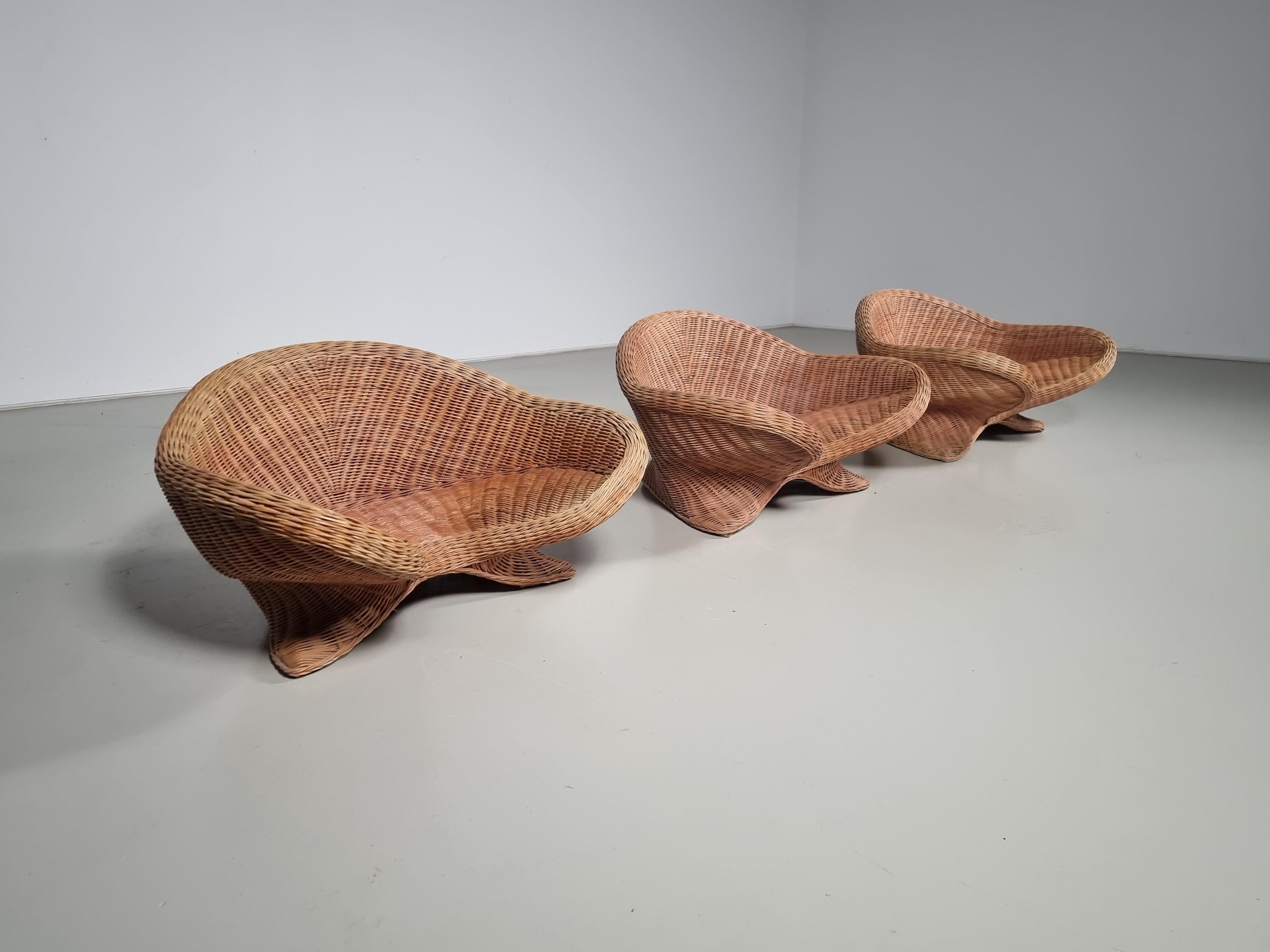 Mid-Century Modern Set of 3 Vivai del Sud Lounge Chairs, 1970s