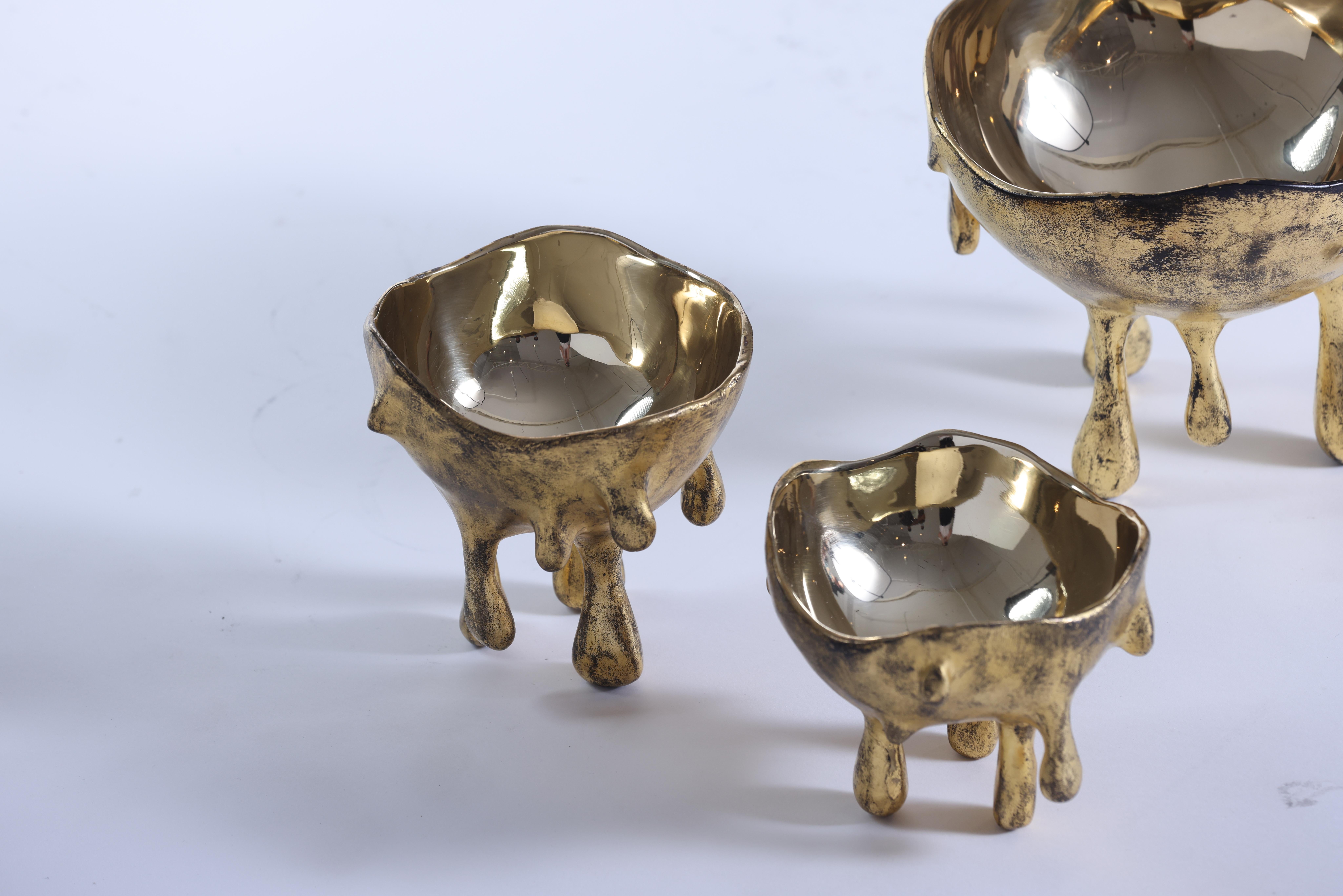 Modern Set of 3 Wabi Bowls in Polished Gold Cast Bronze from Elan Atelier For Sale