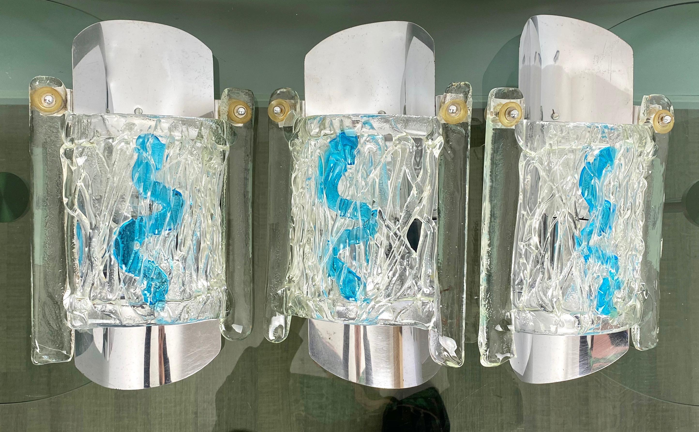 Mid-Century Modern Set of 3 Wall Lamp Sconces Chrome and Murano Glass Blue by Mazzega, Italy, 1970s For Sale