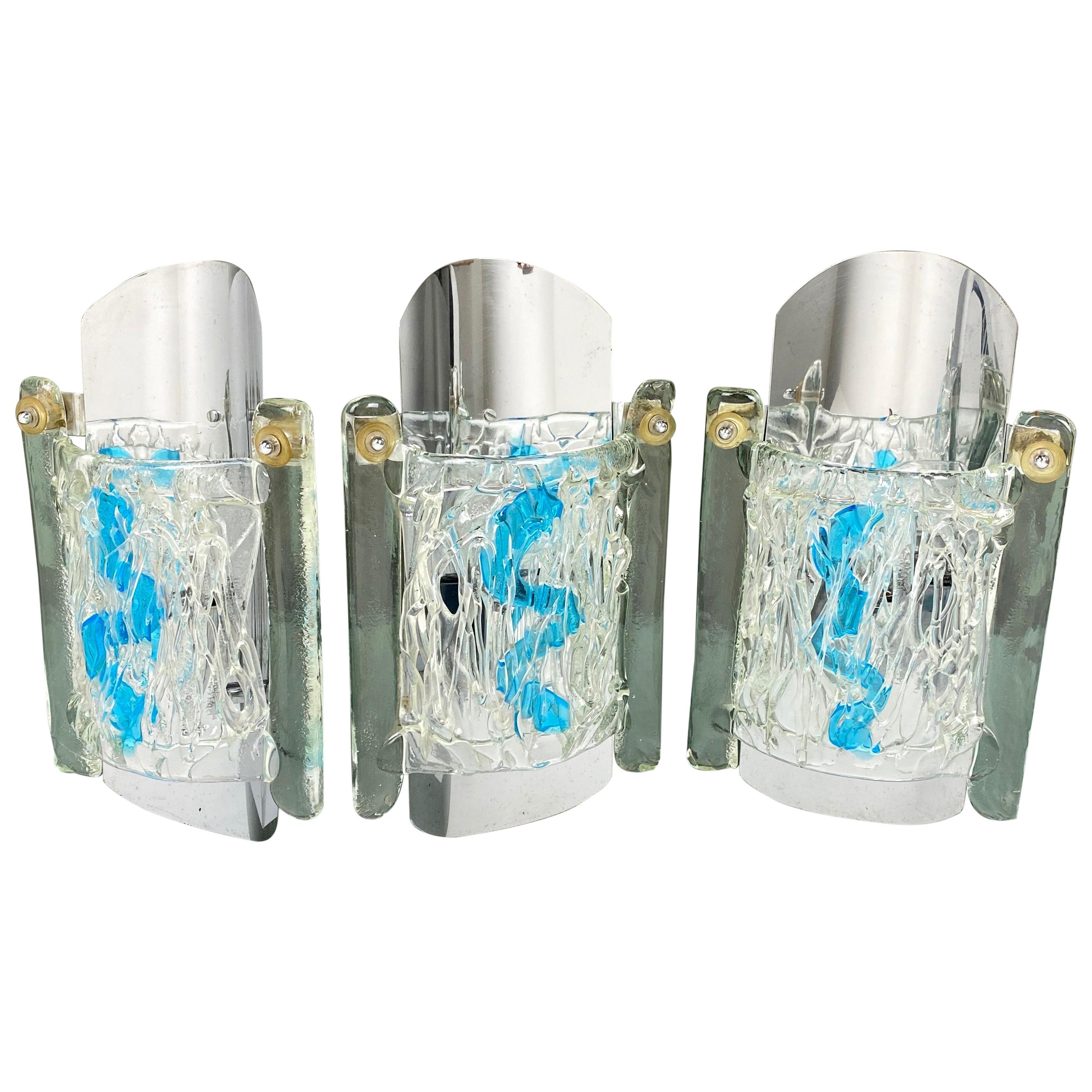 Set of 3 Wall Lamp Sconces Chrome and Murano Glass Blue by Mazzega, Italy, 1970s For Sale
