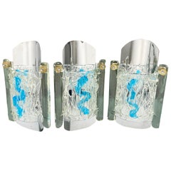 Set of 3 Wall Lamp Sconces Chrome and Murano Glass Blue by Mazzega, Italy, 1970s