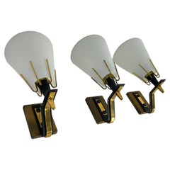 Set of 3 Wall Lamps in metal, brass and opaline glass attributed to Stilnovo