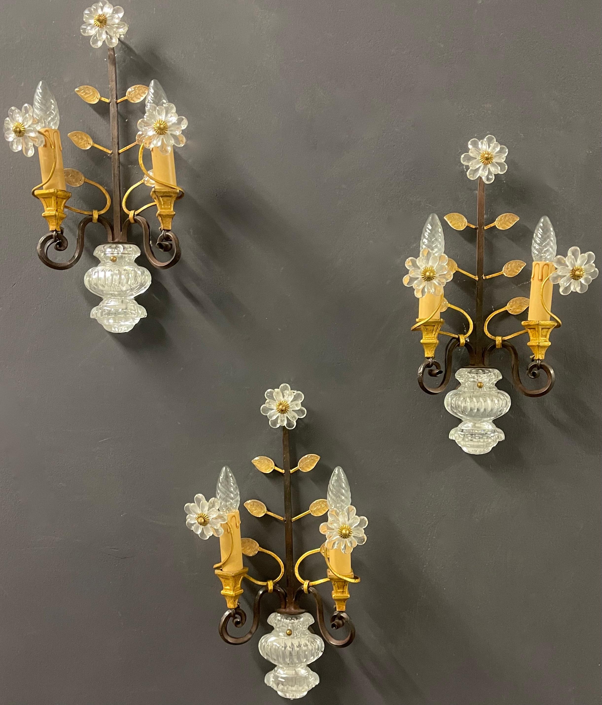 Hollywood Regency Set of 3 Wallsconces by Maison Bagues For Sale