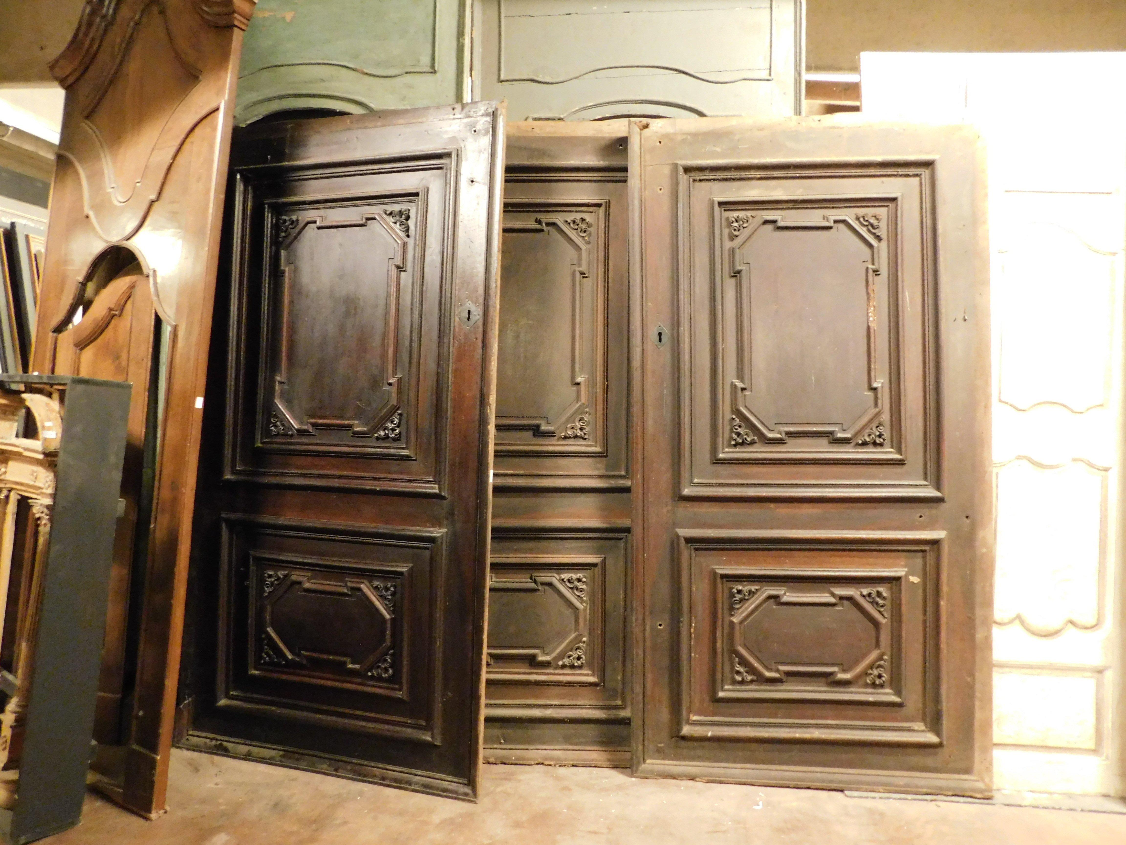 Italian Set of 3 walnut doors, each with a single leaf with carved panels, Italy For Sale
