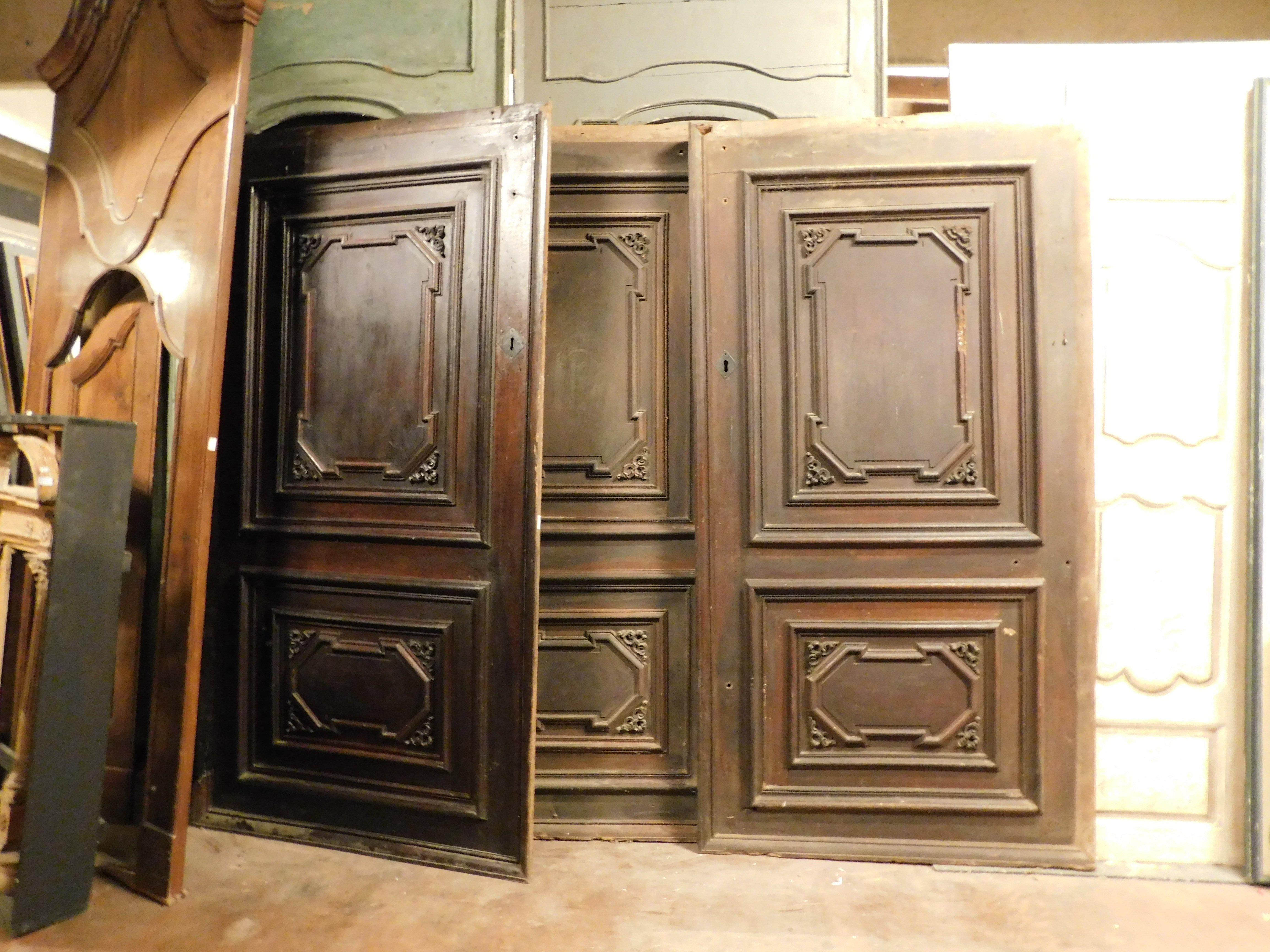 Hand-Carved Set of 3 walnut doors, each with a single leaf with carved panels, Italy For Sale